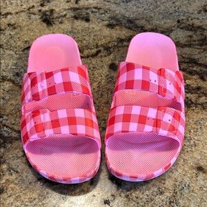 Freedom Moses Pink and Red Checkered Slide Sandals